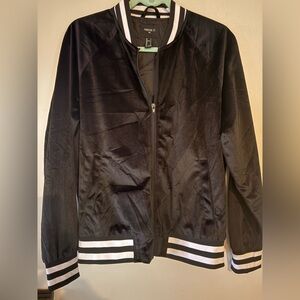 Forever 21 Black Velvet Track Jacket with Striped Collar Classic Sporty